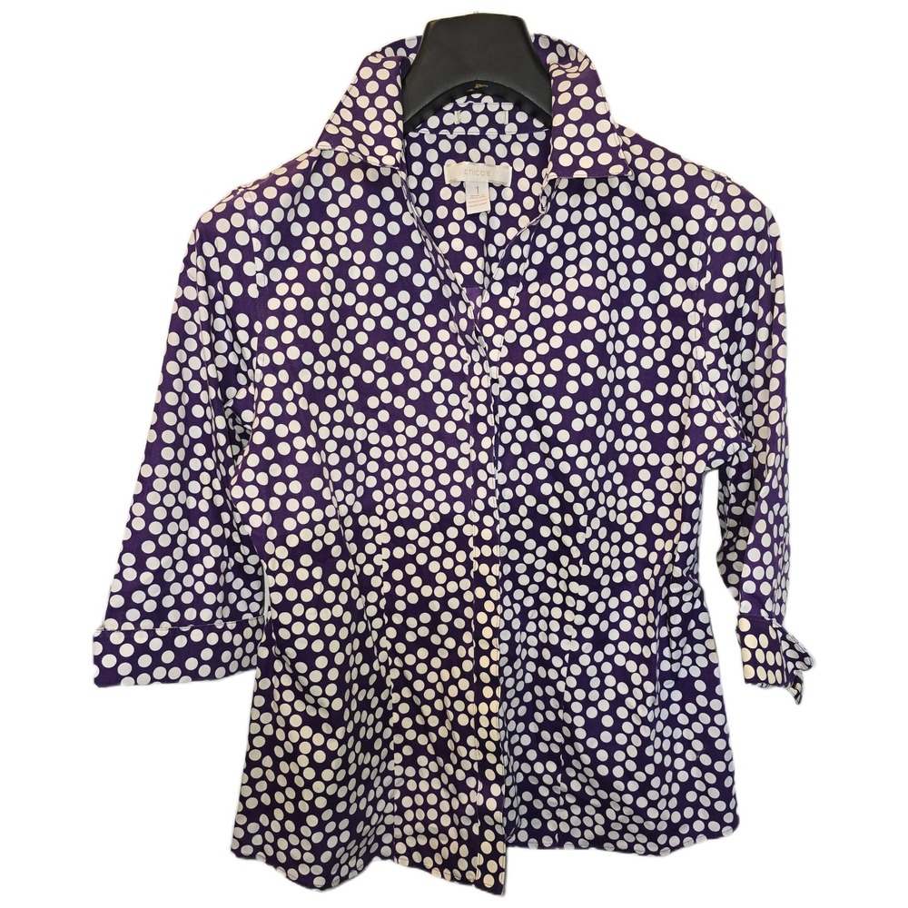 Chicos Purple‎ White Polka Dot Button Down Shirt 3/4 Sleeve Cotton Size 1 Medium